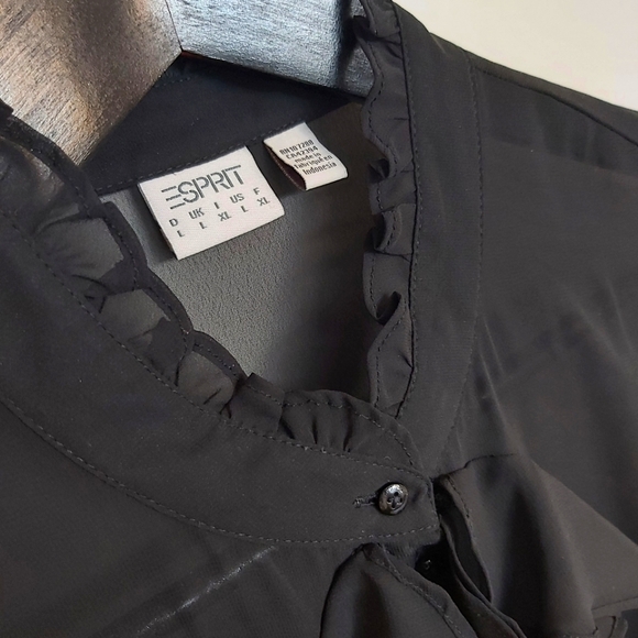 Esprit blouse womens L black sheer ruffle front high collar - Picture 3 of 7